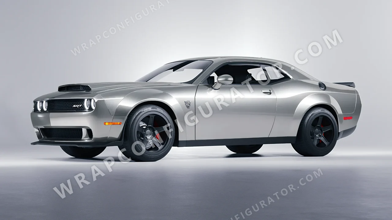 Grey Dodge Challenger SRT 2023 wrapped in ORACAL Silver Lake 970RA-904G