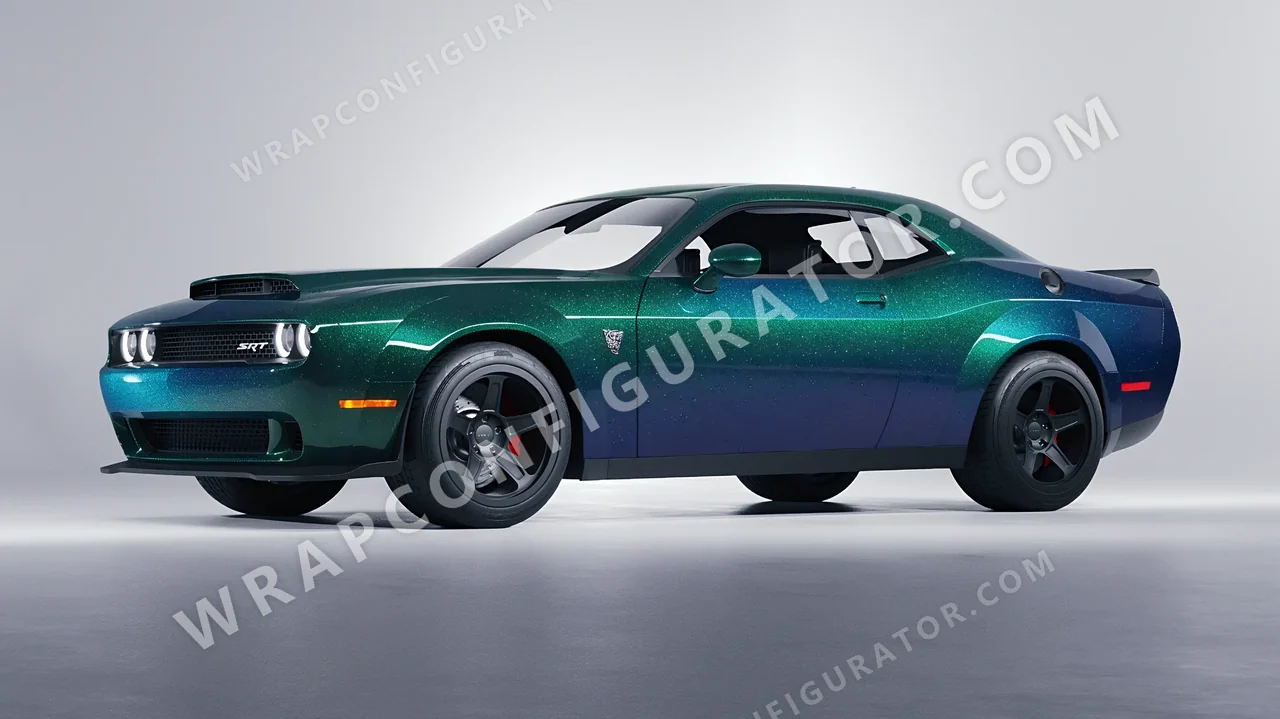 Grey Dodge Challenger SRT 2023 wrapped in ORACAL Thunderous Blue Green 970RA-851G