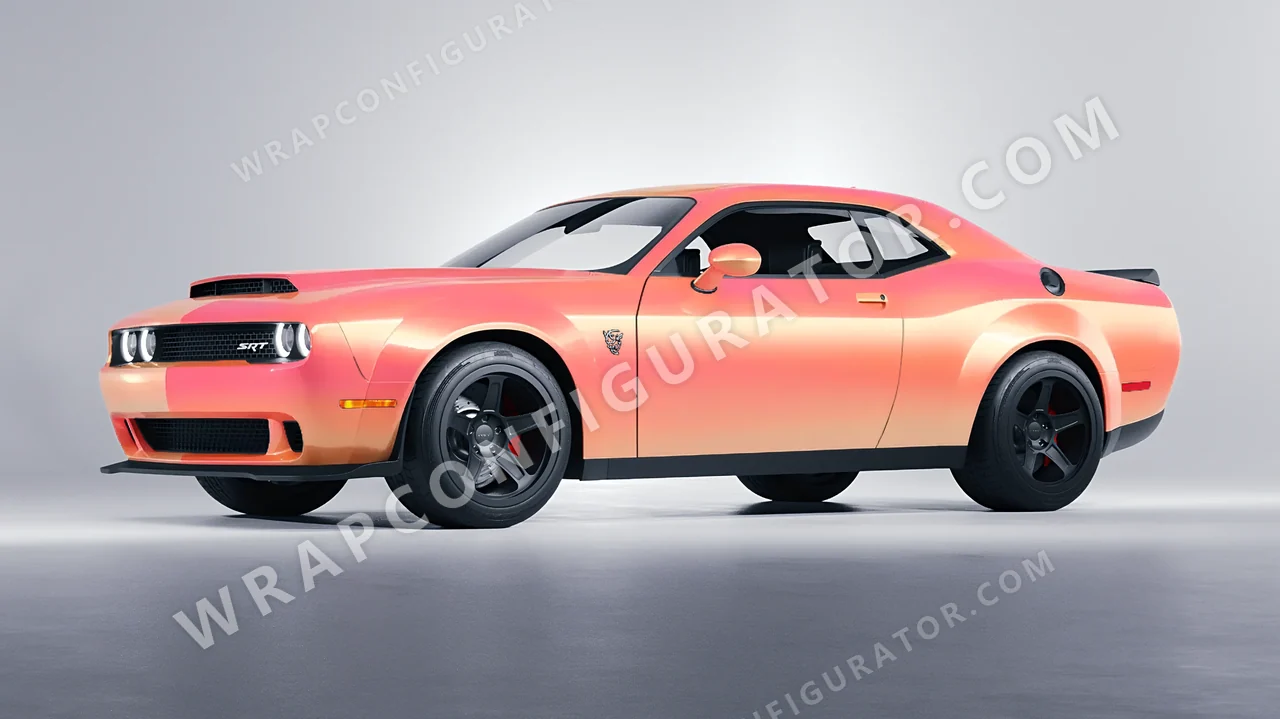 Orange Dodge Challenger SRT 2023 wrapped in 3M Electric Coral SP213