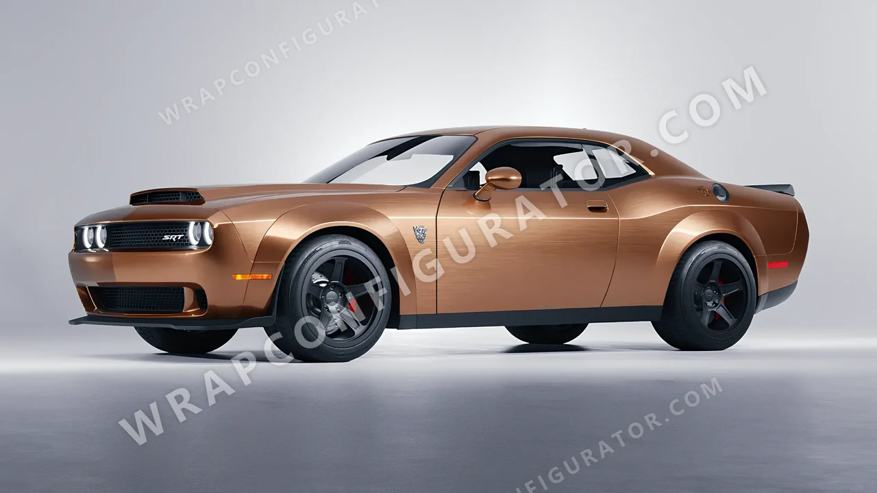 Orange Dodge Challenger SRT 2023 wrapped in Avery Dennison Brushed Bronze SW900-933-X