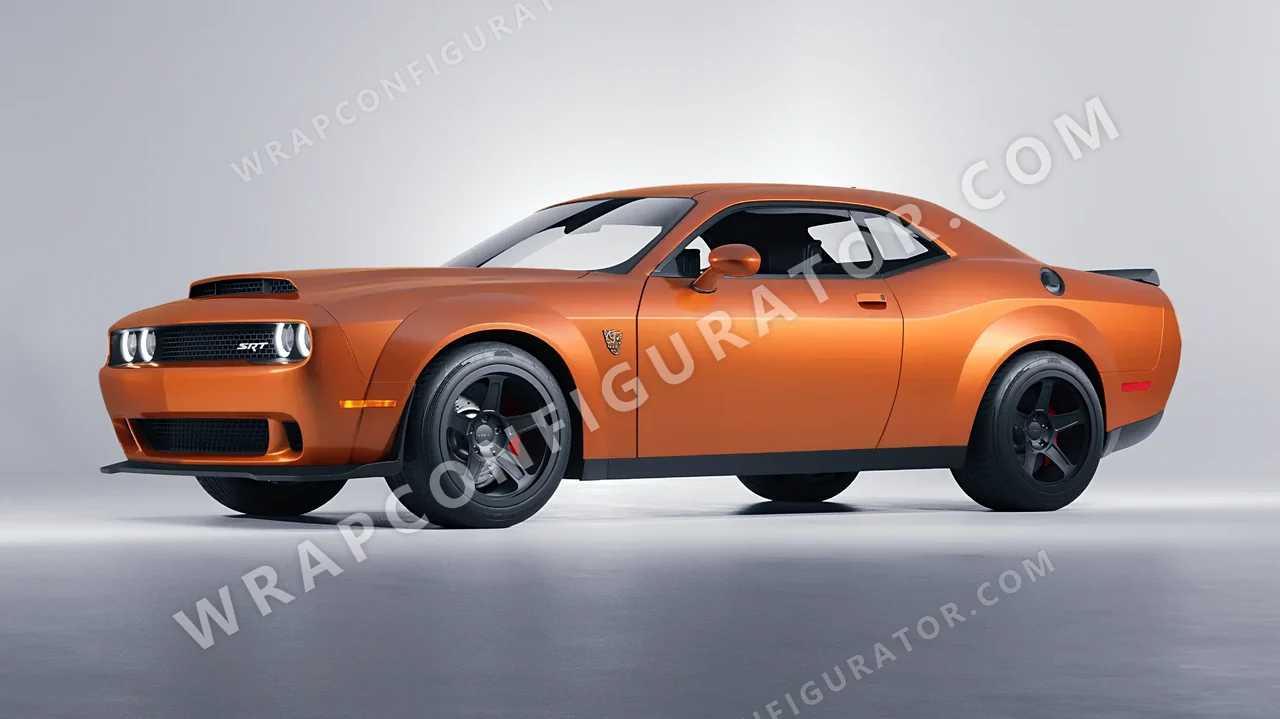 Orange Dodge Challenger SRT 2023 wrapped in Avery Dennison Sunset Ride SW900-302-O
