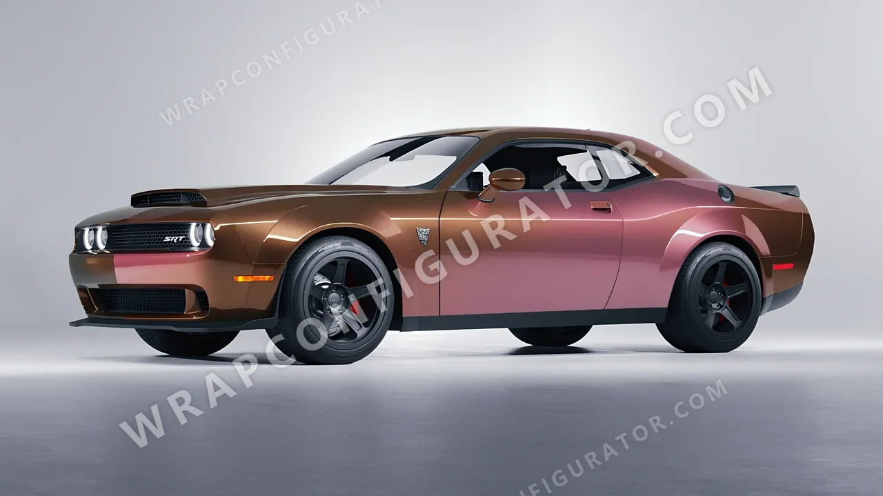 Orange Dodge Challenger SRT 2023 wrapped in ORACAL Gloss Aubergine Bronze 970RA-990G