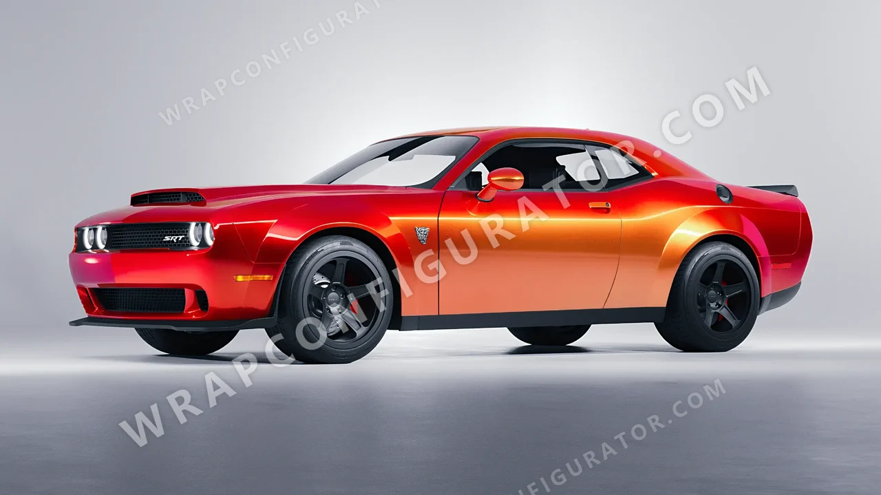 Orange Dodge Challenger SRT 2023 wrapped in ORACAL Gloss Sunset Shift 970RA-100G