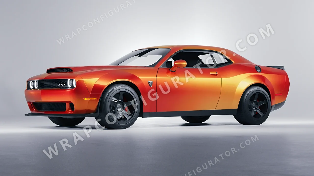 Orange Dodge Challenger SRT 2023 wrapped in ORACAL Matt Sunset Shift 970RA-100M