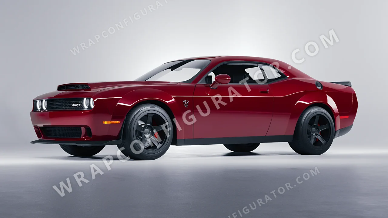 Red Dodge Challenger SRT 2023 wrapped in 3M Ruby Rosso HG73