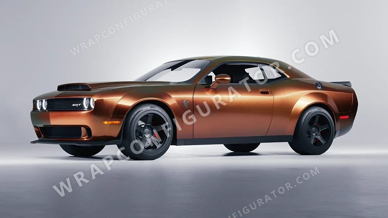 Red Dodge Challenger SRT 2023 wrapped in 3M Satin Flip Volcanic Flare SP236