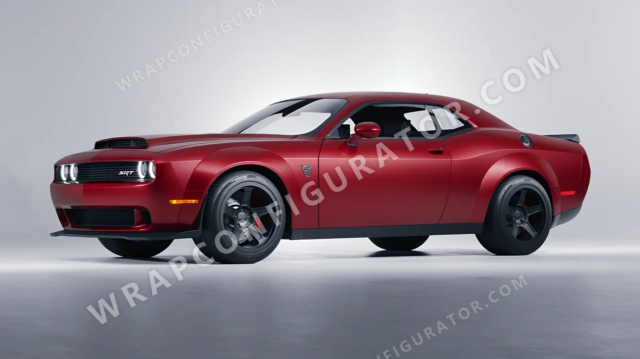 Red Dodge Challenger SRT 2023 wrapped in 3M Satin Vampire Red SP273