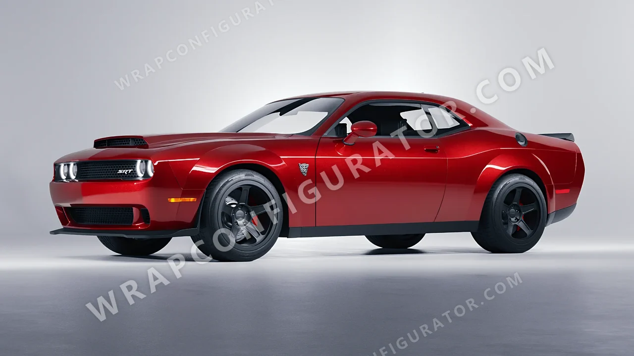 Red Dodge Challenger SRT 2023 wrapped in KPMF Vengeance Red K75403