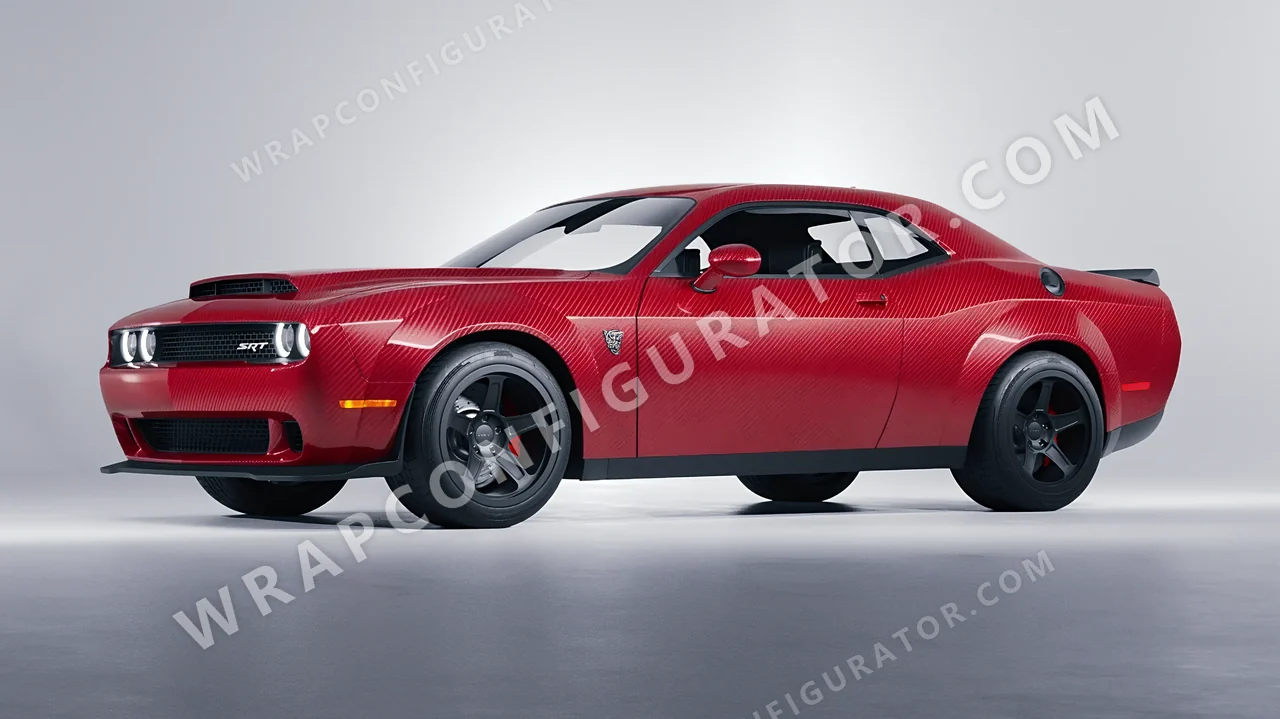 Red Dodge Challenger SRT 2023 wrapped in ORACAL Geranium Red Carbon 975-305CA