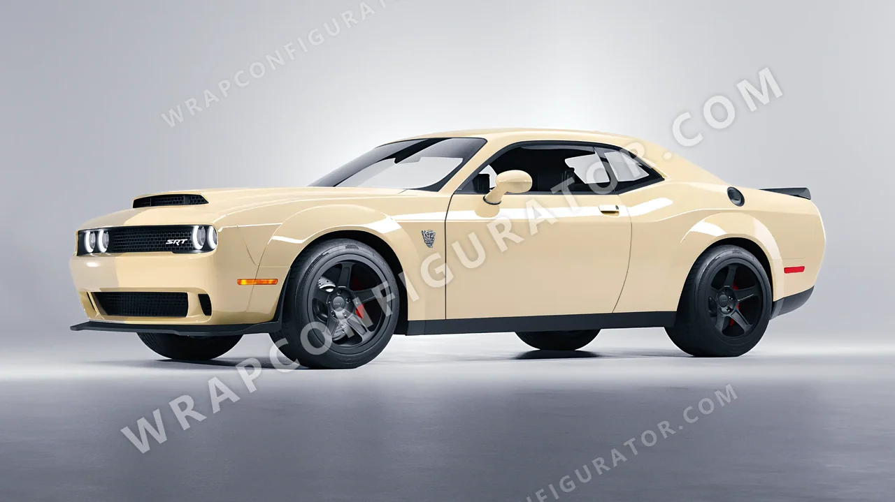 White Dodge Challenger SRT 2023 wrapped in 3M Gloss Light Ivory G79