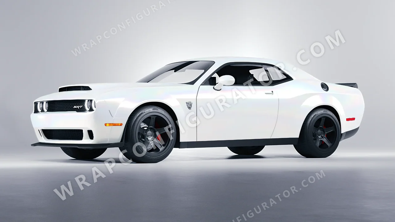 White Dodge Challenger SRT 2023 wrapped in 3M Satin Flip Ghost Pearl SP280