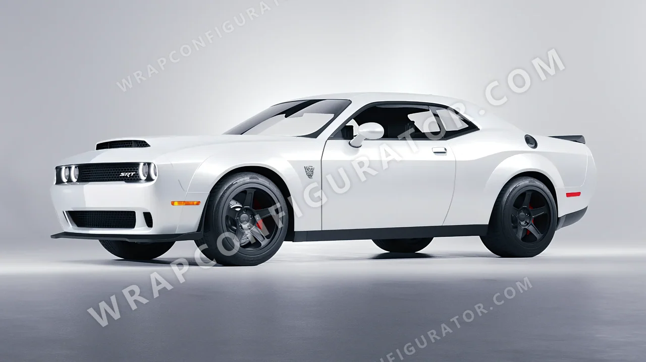 White Dodge Challenger SRT 2023 wrapped in 3M Satin White Aluminum S120