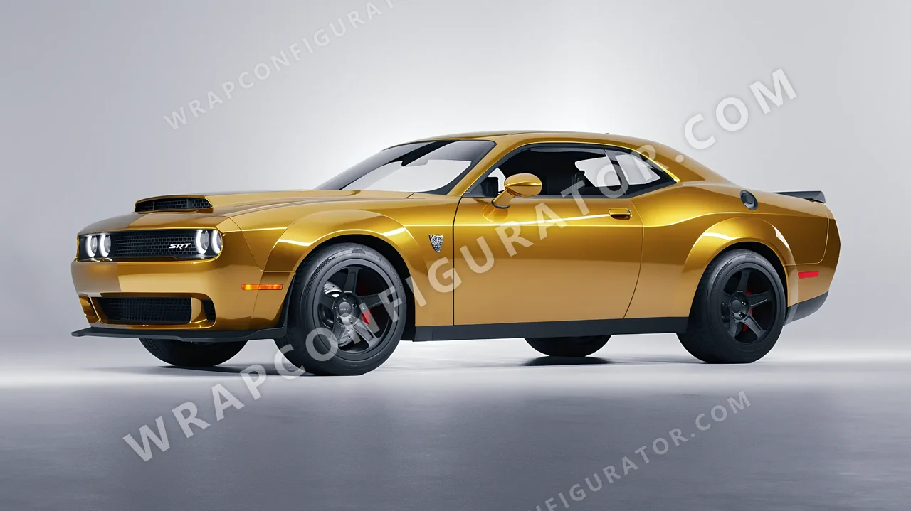 Yellow Dodge Challenger SRT 2023 wrapped in 3M Gloss Gold Metallic G241