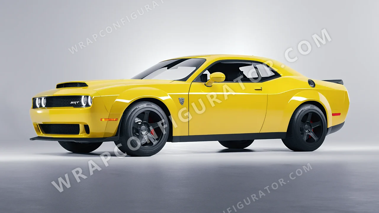 Yellow Dodge Challenger SRT 2023 wrapped in 3M Gloss Lemon Sting G335