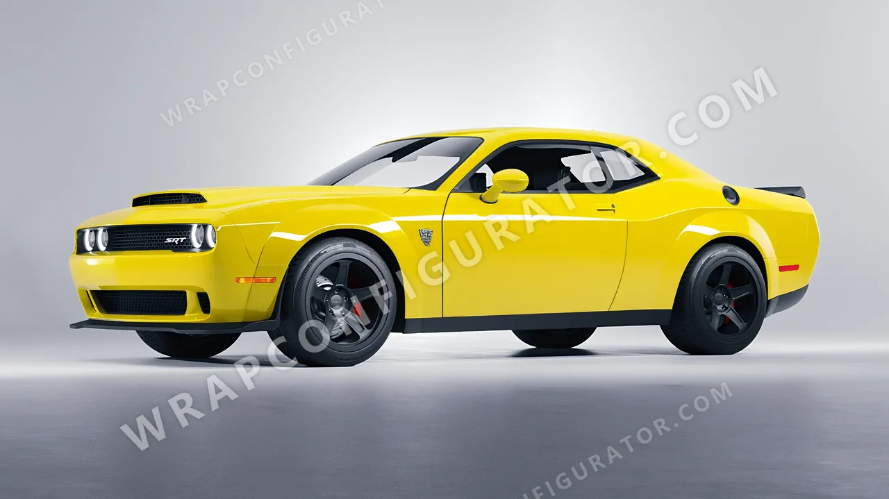 Yellow Dodge Challenger SRT 2023 wrapped in 3M Gloss Lucid Yellow G55