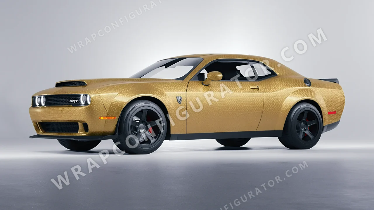 Yellow Dodge Challenger SRT 2023 wrapped in ORACAL Gold Honeycomb 975-091HC