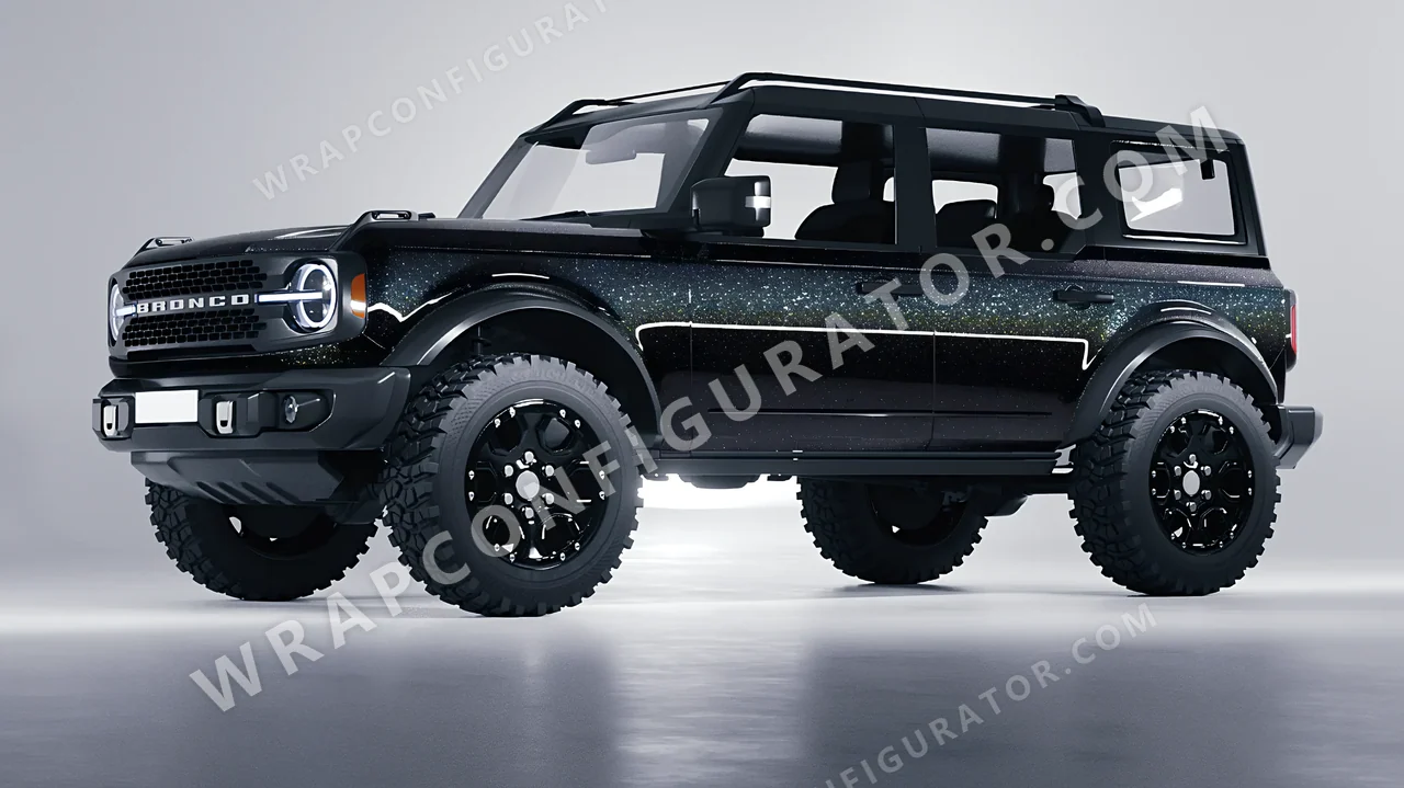 Black Ford Bronco 2024 wrapped in ORACAL Gloss Black Galactic Gold 970RA-905G
