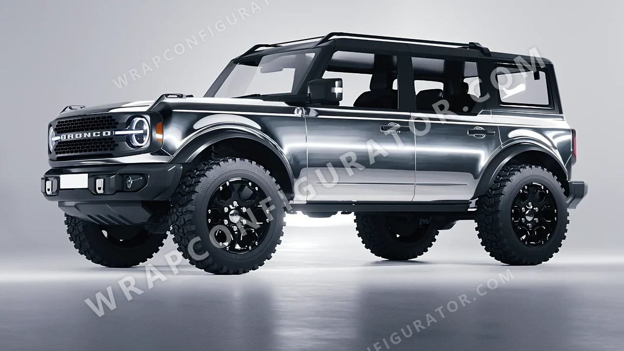 Grey Ford Bronco 2024 wrapped in 3M Gloss Silver Chrome GC451