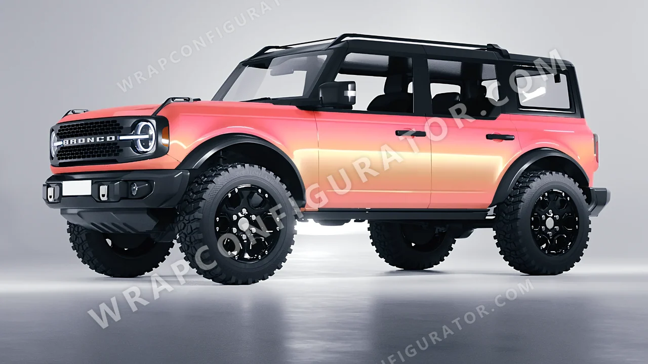 Orange Ford Bronco 2024 wrapped in 3M Electric Coral SP213
