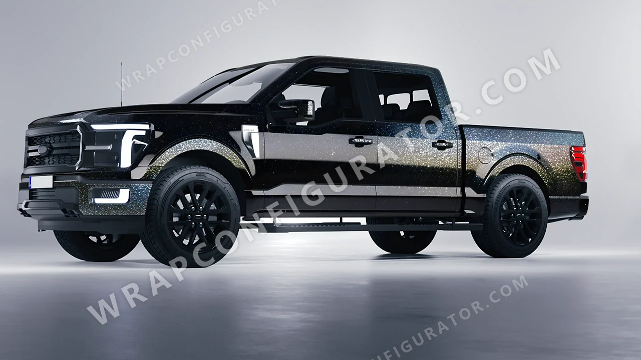 Black Ford F-150 Lariat 2024 wrapped in ORACAL Gloss Black Galactic Gold 970RA-905G