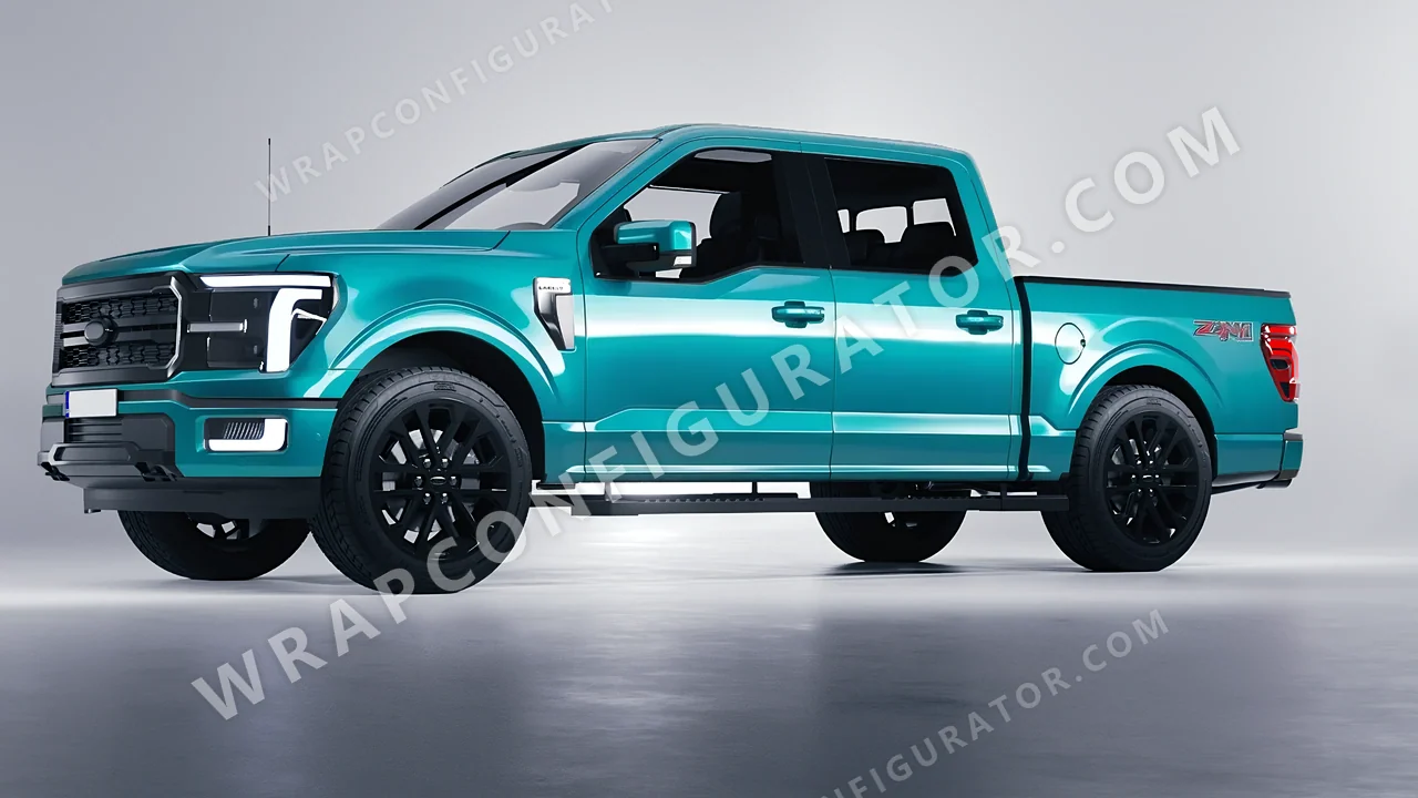 Blue Ford F-150 Lariat 2024 wrapped in 3M Gloss Atomic Teal G356