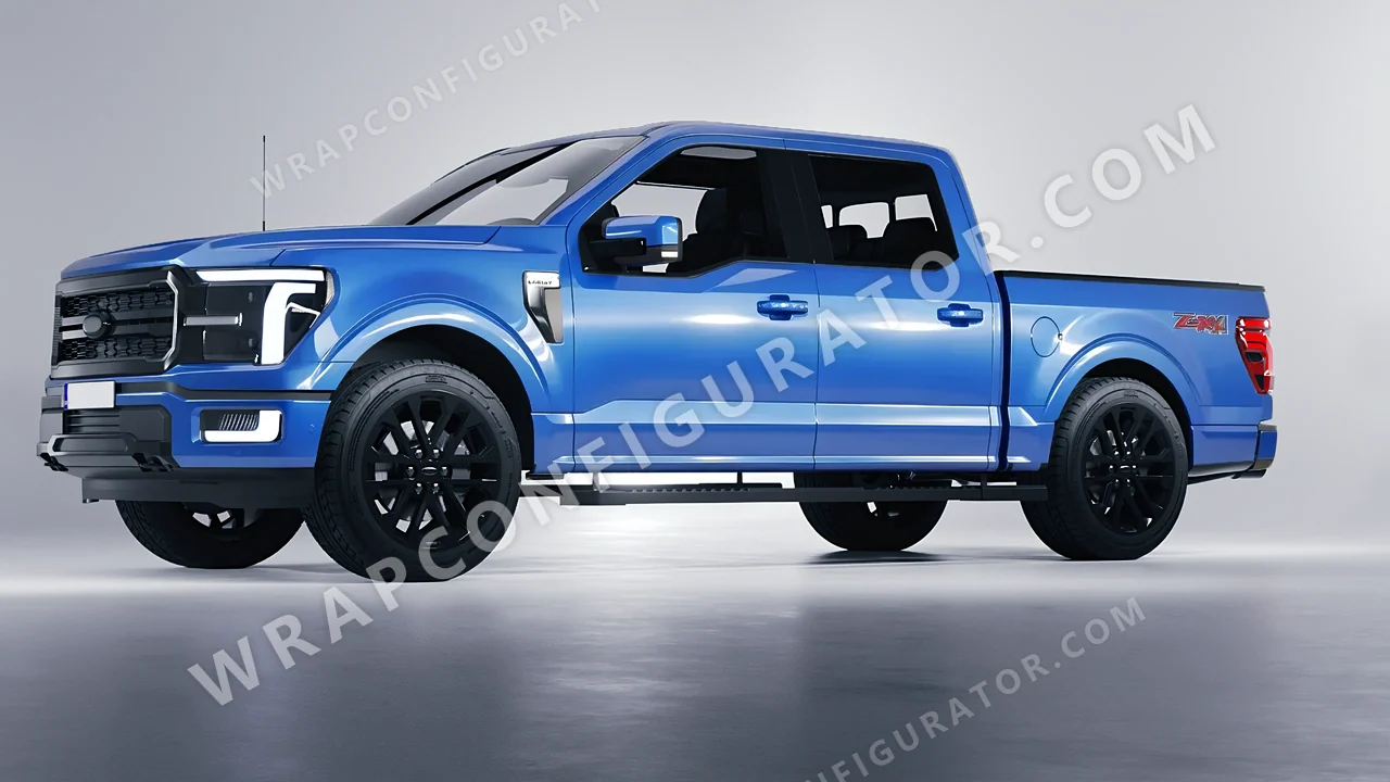 Blue Ford F-150 Lariat 2024 wrapped in 3M Gloss Ice Blue G247