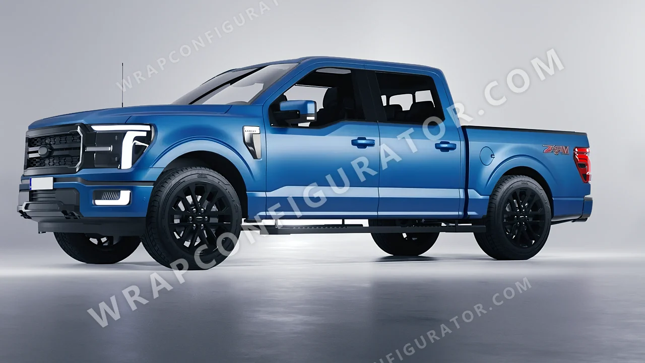 Blue Ford F-150 Lariat 2024 wrapped in 3M Satin Perfect Blue S347