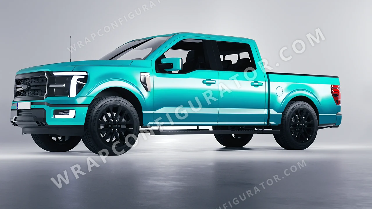 Blue Ford F-150 Lariat 2024 wrapped in ORACAL Turbo Turquoise 970RA-172G