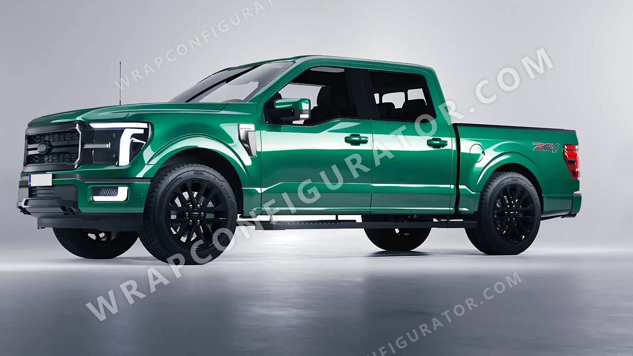 Green Ford F-150 Lariat 2024 wrapped in 3M Gloss Green Envy G336