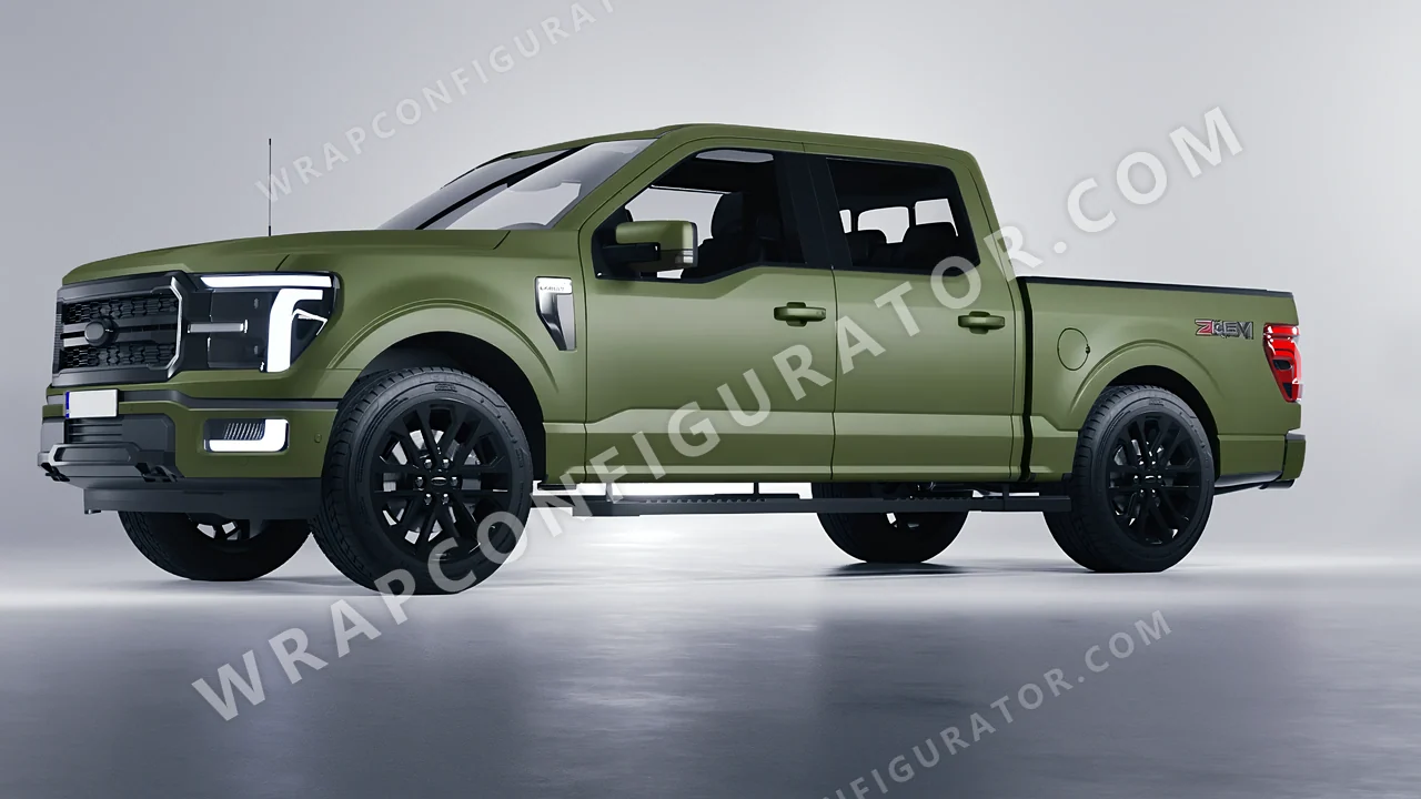 Green Ford F-150 Lariat 2024 wrapped in 3M Matte Military Green M26