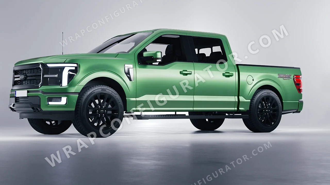 Green Ford F-150 Lariat 2024 wrapped in 3M Satin Apple Green S196