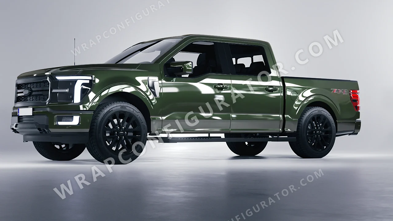 Green Ford F-150 Lariat 2024 wrapped in Inozetek Dynamic PPF Student Driver Olive SD103