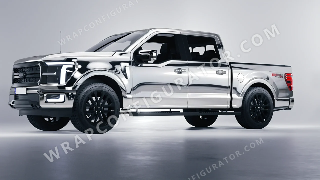 Grey Ford F-150 Lariat 2024 wrapped in 3M Gloss Silver Chrome GC451