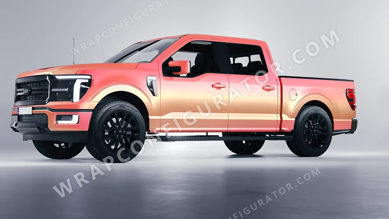 Orange Ford F-150 Lariat 2024 wrapped in 3M Electric Coral SP213