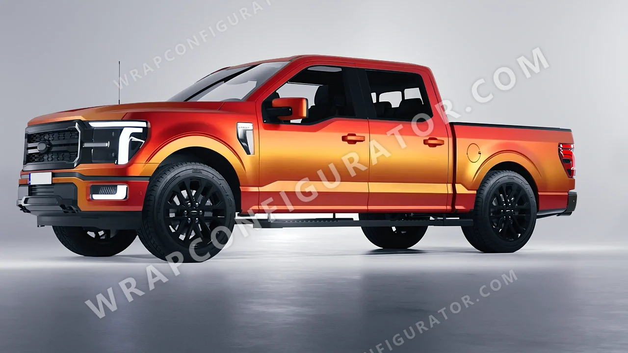 Orange Ford F-150 Lariat 2024 wrapped in ORACAL Matt Sunset Shift 970RA-100M