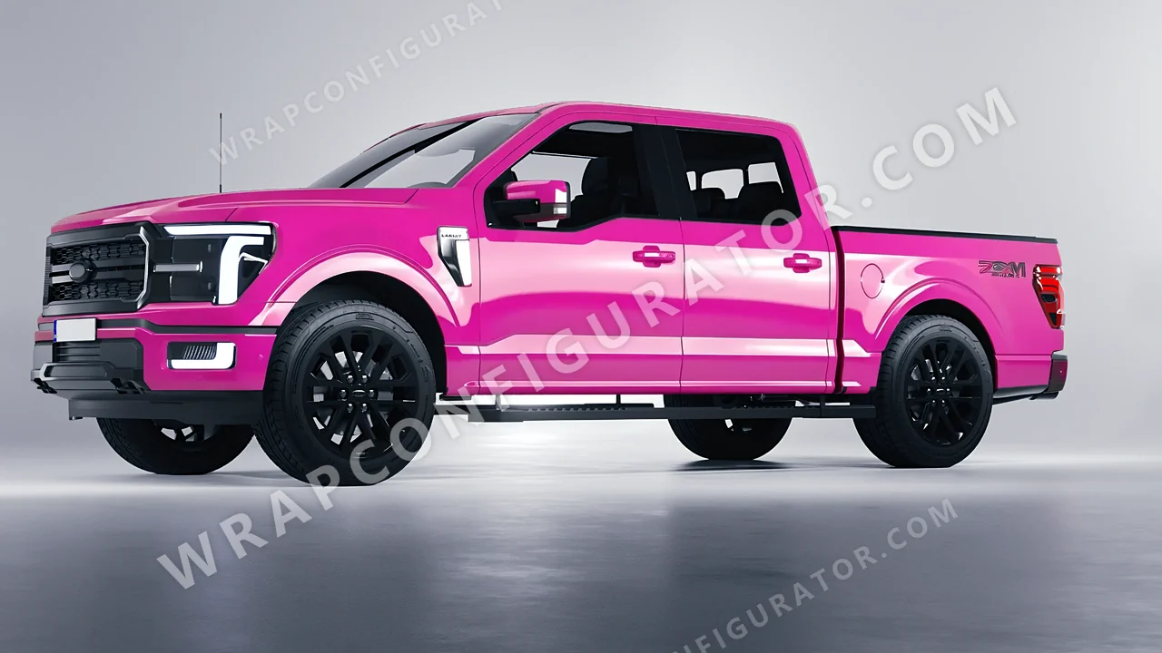 Pink Ford F-150 Lariat 2024 wrapped in 3M Gloss Hot Pink G103