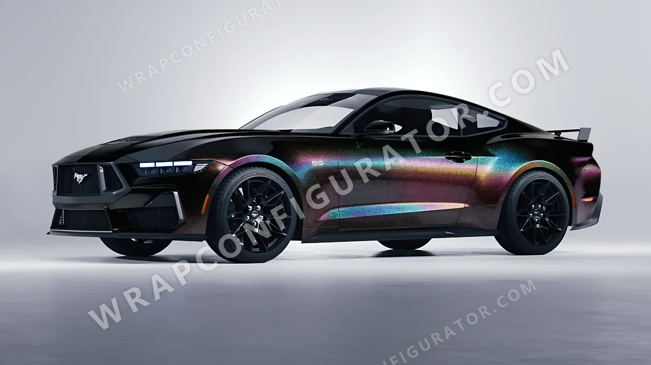 Black Ford Mustang GT 2024 wrapped in 3M Black Psychedelic HGP221