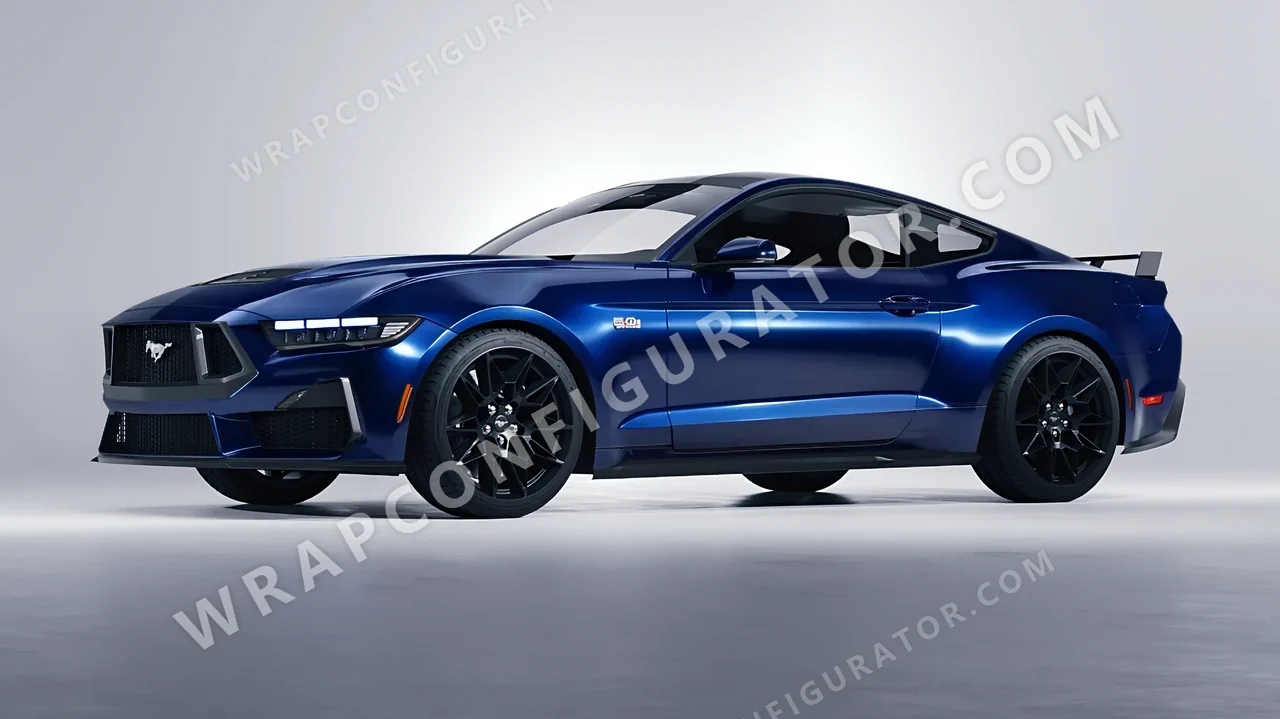 Black Ford Mustang GT 2024 wrapped in 3M Gloss Midnight Blue GP272