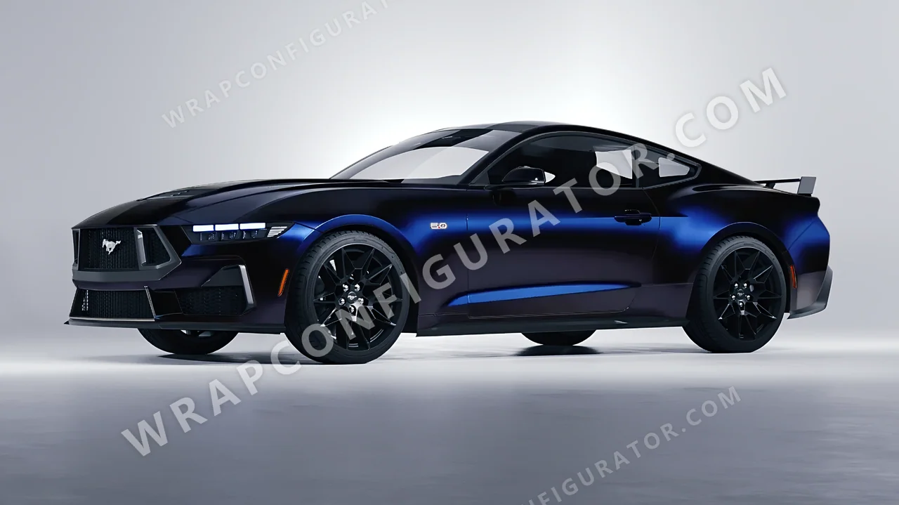 Black Ford Mustang GT 2024 wrapped in KPMF Blue Black Iridescent K75469
