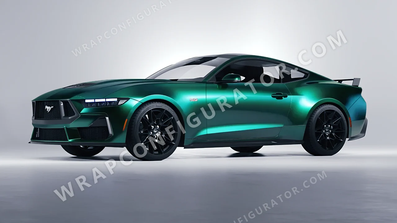 Black Ford Mustang GT 2024 wrapped in KPMF Green Black Iridescent K75460
