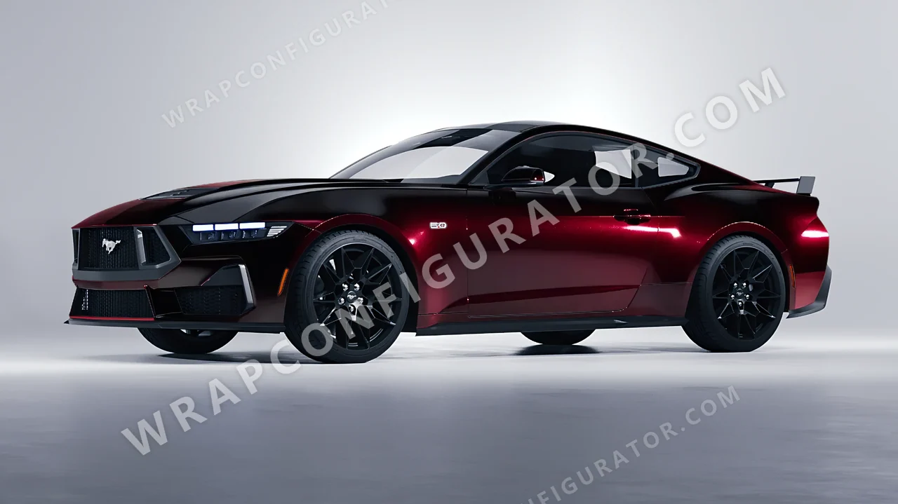 Black Ford Mustang GT 2024 wrapped in KPMF Midnight Crimson Bloom K75447