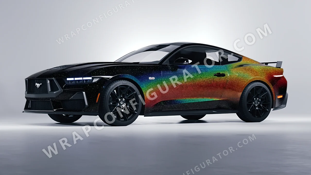 Black Ford Mustang GT 2024 wrapped in KPMF Morpheus Black Starlight K75470