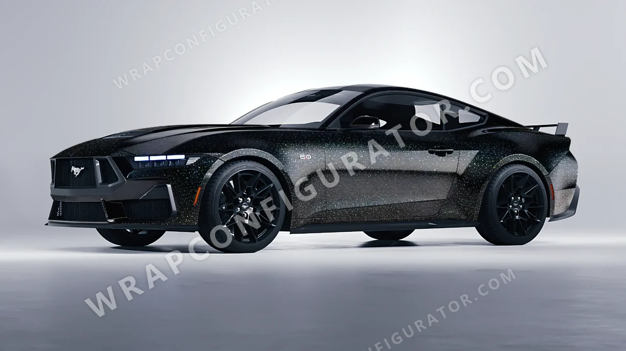 Black Ford Mustang GT 2024 wrapped in ORACAL Gloss Black Galactic Gold 970RA-905G