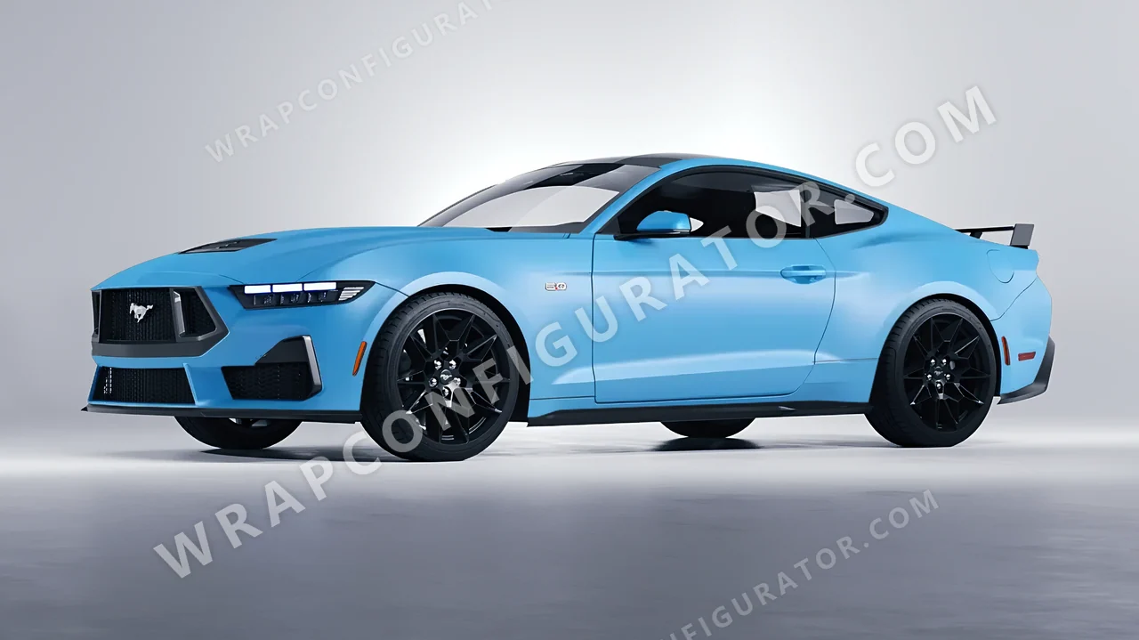 Blue Ford Mustang GT 2024 wrapped in 3M Matte Riviera Blue M67