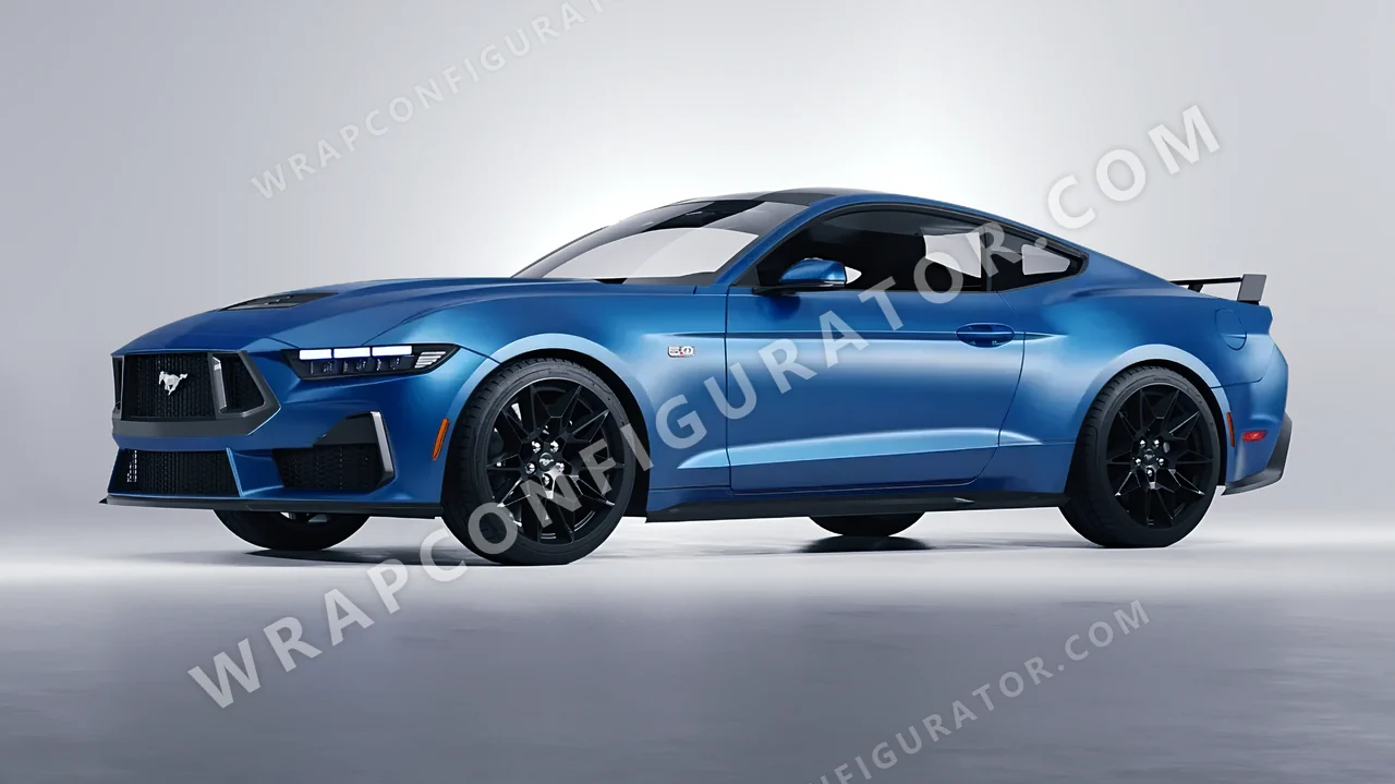 Blue Ford Mustang GT 2024 wrapped in 3M Satin Perfect Blue S347