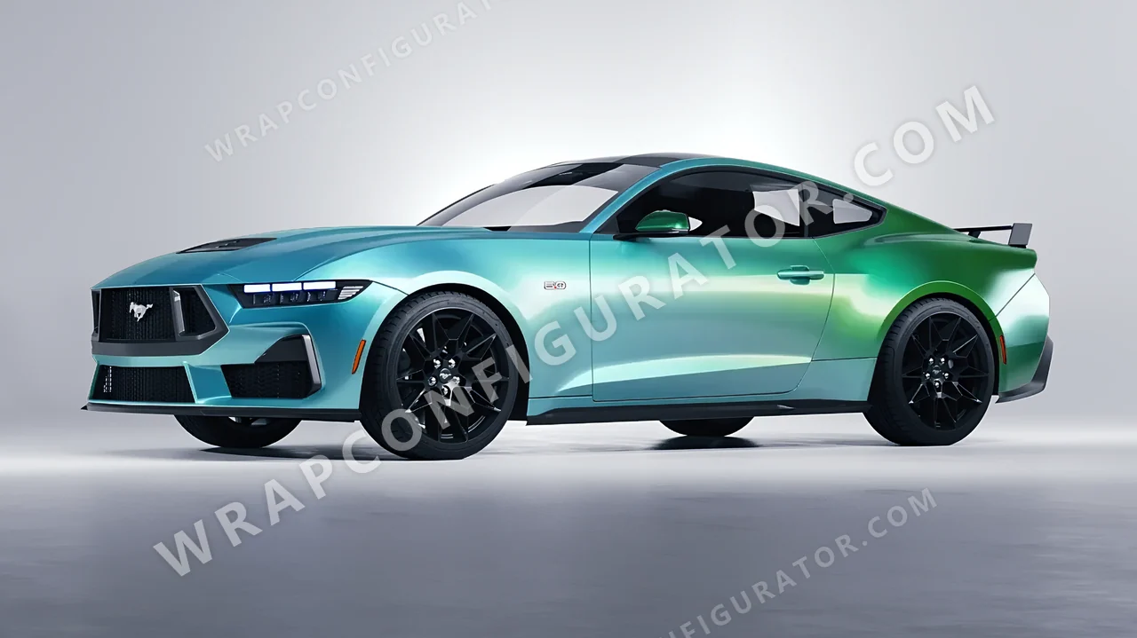 Blue Ford Mustang GT 2024 wrapped in ORACAL Gloss Aquamarine 970RA-318G