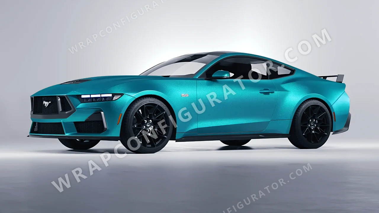 Blue Ford Mustang GT 2024 wrapped in ORACAL Matt Turbo Turquoise 970RA-182M