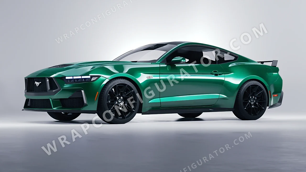 Green Ford Mustang GT 2024 wrapped in 3M Gloss Green Envy G336