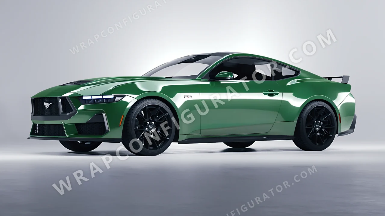 Green Ford Mustang GT 2024 wrapped in 3M Mantis Green HG36