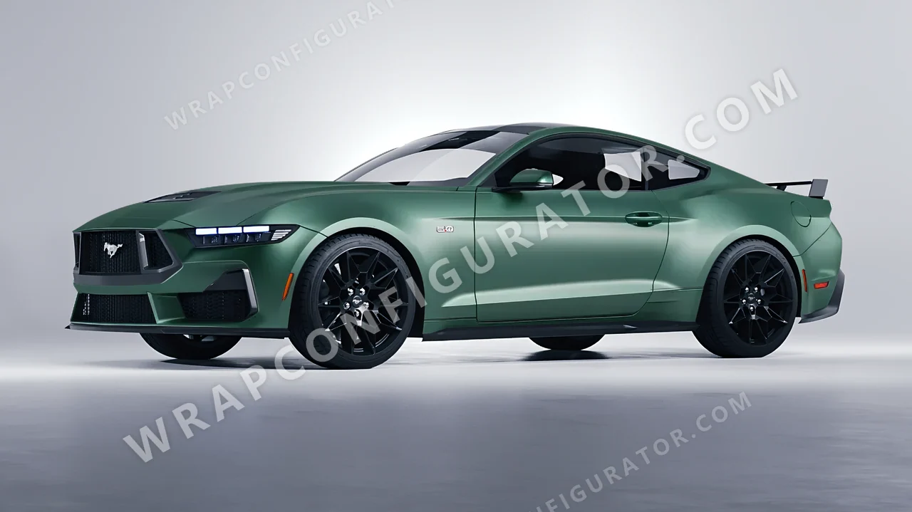 Green Ford Mustang GT 2024 wrapped in 3M Matte Pine Green Metallic M206